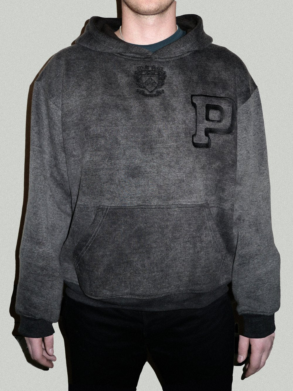 Upenn hoodie in charcoal front view on model